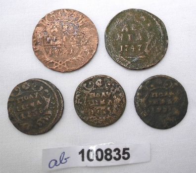5 alte Kupfermünzen Russland 2 x Denga 3 x Poluschka vor 1800