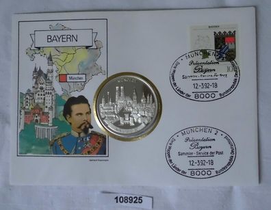 schöner Numisbrief mit versilberter Medaille Bundesland Bayern 1992