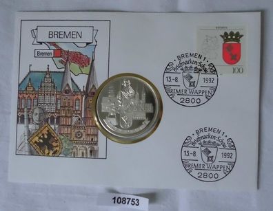 schöner Numisbrief mit versilberter Medaille Bundesland Bremen 1992