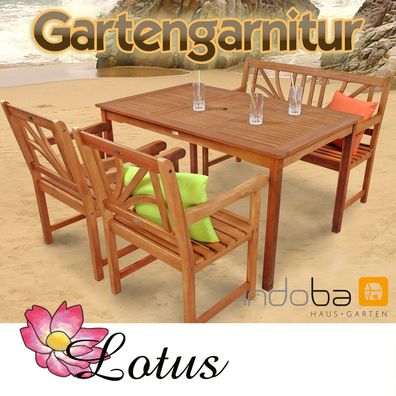 Gartenmöbel Garnitur Holz 4-tlg, Tisch + 2 Stühle + Bank, Serie Lotus - indoba®