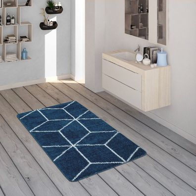 Badematte, Kurzflor-Teppich Für Badezimmer Mit Rauten-Muster In Blau Weiß