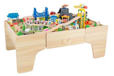 Coemo Spieltisch Theo Holz mit Schublade 100tlg. Holzeisenbahn Zug Brücke Häuser