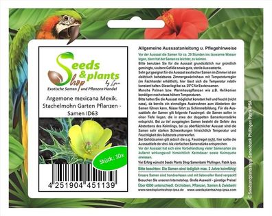 10x Argemone mexicana Mexik. Stachelmohn Garten Pflanzen - Samen ID63