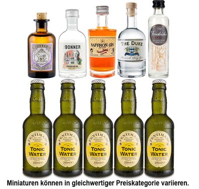 Gin Tonic Probierset - 5x Verschiedene Gin Sorten je 50ml + 5x Fentimans Tonic