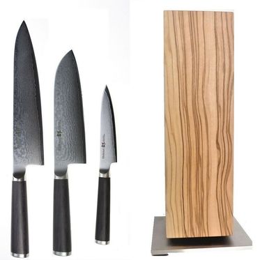 4 teiliges Messerset Kochmesser Santoku, Allzweckmesser und Messerblock