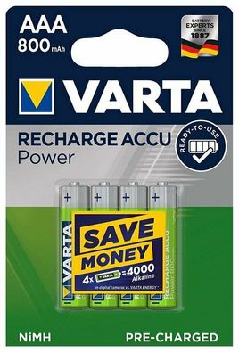 4 x Varta R03 AAA Ni-MH Wiederaufladba Batterie 800 mAh (Blister)