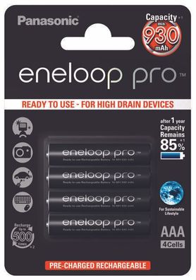 4 x Panasonic Eneloop PRO R03 AAA 930mAh BK-4HCDE/4BE Batterie (Blister)