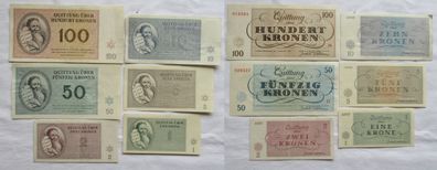 6 Banknoten 1 bis 100 Kronen Ghetto Theresienstadt 1943 UNC (143275)