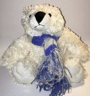 Eisbär 20 cm mit blau-weißen glitzernden Schal mit flauschig weichen Fell