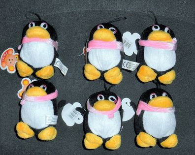 6 Kleine Plüsch Pinguine mit rosa Schal zum aufhängen, Christbaumschmuck, Anhänger