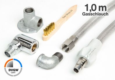 1,0 m Edelstahlschlauch + Gassteckdose + Winkel 1/2" + Reinigungsbürste Gasherd