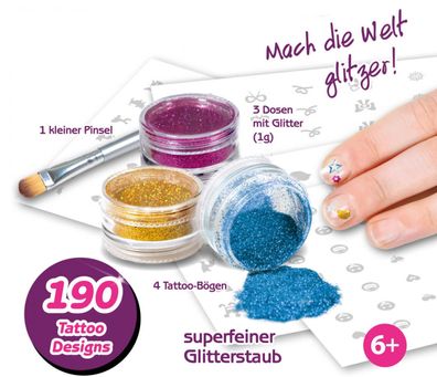 Glitza Nagel Set mit 190 Tattoos und Glitter knorrtoys Glitzer Nägel Haut Textil