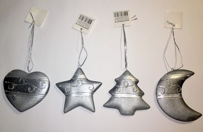 Christbaumschmuck Anhänger silbern metallic, Halbmond, Stern, Tanne, Herz 7 cm