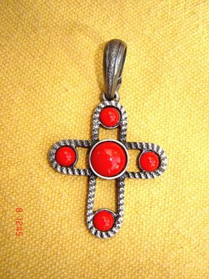 Kreuz Tuch Anhänger rote Steine 6,3 cm versilbert große Öse f Band Kordel Leder