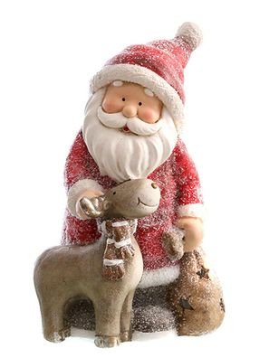 Weihnachtsmann mit Rentier und Sack 38x24 cm Weihnachten Dekofigur Nikolaus