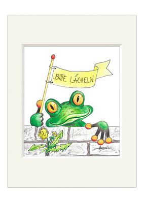 Passepartout Bild Frosch mit Fahne Bitte lächeln! 30cm Kunstdruck H. Brosien