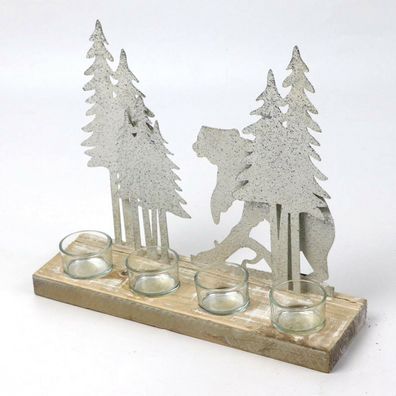 Teelichthalter Wald und Bär silber 36x30 cm Weihnachtsdeko Winterwald Winterdeko
