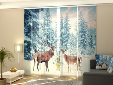 Foto-Schiebegardine zwei Hirsche im Winter, Flächenvorhang mit Motiv, Gardine auf Maß