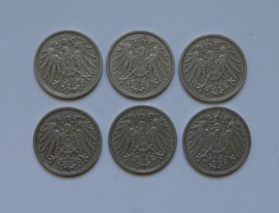 Lot 6 x 10 Pfennig Deutsches Reich 1912 Münzen 3 x A + D + E + J