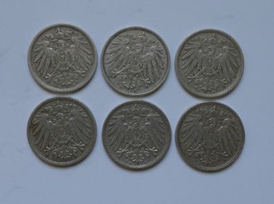 Lot 6 x 10 Pfennig Deutsches Kaiser Reich 1912 Münzen 3 x A + D + E + J