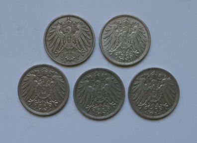 Lot 5 x 10 Pfennig Deutsches Reich 1912 Münzen 2 x A + D + E + F