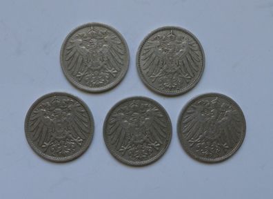 Lot 5 x 10 Pfennig Deutsches Reich 1912 Münzen 2 x A + D + E + J