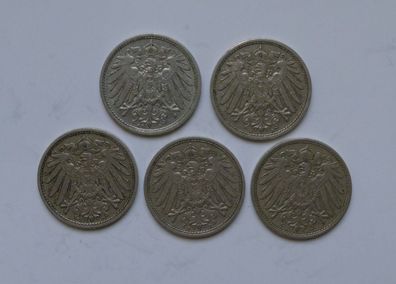 Lot 5 x 10 Pfennig Deutsches Kaiser Reich 1912 Münzen 2 x A + D + E + J