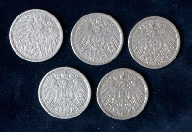 Lot 5 x 10 Pfennig Deutsches Kaiser Reich 1913 Münzen 3 x A + D + E
