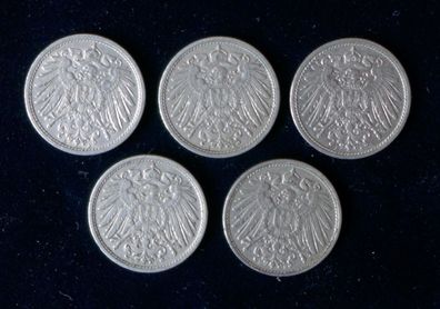Lot 5 x 10 Pfennig Deutsches Kaiser Reich 1913 Münzen 3 x A + D + F