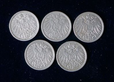 Lot 5 x 10 Pfennig Deutsches Reich 1913 Münzen 3 x A + D + E