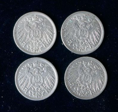 Lot 4 x 10 Pfennig Deutsches Reich 1913 Münzen 2 x A + D + E