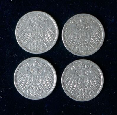 Lot 4 x 10 Pfennig Deutsches Kaiser Reich 1913 Münzen 2 x A + D + E