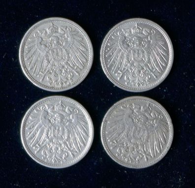 Lot 4 x 10 Pfennig Deutsches Kaiser Reich 1913 Münzen 2 x A + E + J