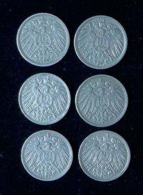 Lot 6 x 10 Pfennig Deutsches Kaiser Reich 1914 Münzen 2 x A + 2 x F + D + E