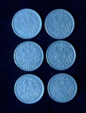 Lot 6 x 10 Pfennig Deutsches Kaiser Reich 1914 Münzen 2 x A + 2 x F + D + J