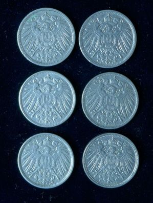 Lot 6 x 10 Pfennig Deutsches Reich 1914 Münzen 2 x A + 2 x F + D + E