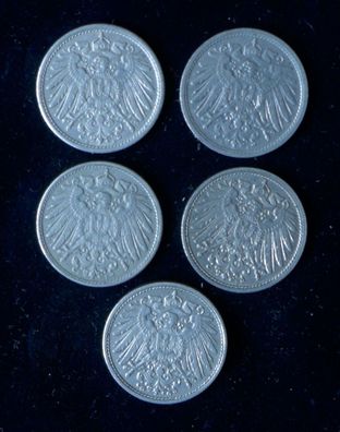 Lot 5 x 10 Pfennig Deutsches Kaiser Reich 1914 Münzen 2 x A + F + E + G