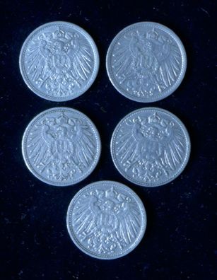 Lot 5 x 10 Pfennig Deutsches Kaiser Reich 1914 Münzen 2 x A + 2 x F + D
