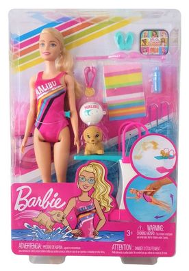 Barbie GHK23 - Traumvilla Abenteuer Schwimmerin Puppe im Badeanzug, mit Sprungbr