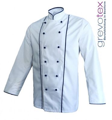 Kochjacke Kochbekleidung weiß langarm mit Paspel blau auch in Übergrößen