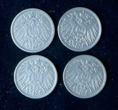 Lot 4 x 10 Pfennig Deutsches Reich 1915 Münzen A + D + 2 x J