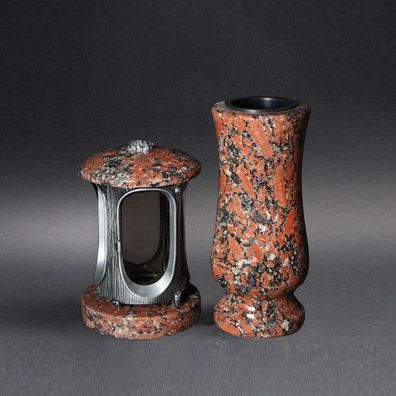 Grablampe Granit rot Grab Grabschmuck Grabvase Set Vase Grablicht