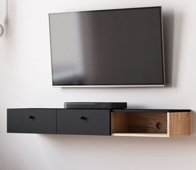 TV-Lowboard schwarz und Eiche Flat Unterteil Hängeschrank Matsdal 140 cm