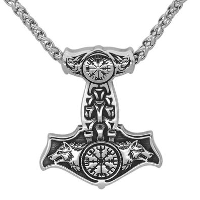 Anhänger Thors Hammer Edelstahl Wolf mit Kette Wikinger Halskette Vikings
