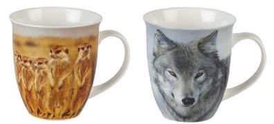 1 Kaffeebecher, Erdmännchen oder Wolf, 11 cm, Henkelbecher Tasse Tiere Wölfe Erdmann