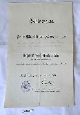 Besitzzeugnis Sachsen zur Friedrich August Medaille in Silber 1. Weltkrieg 1916