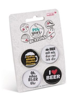 NICI Pin your Life 4er Set Buttons Motiv "I love Beer" Neuware