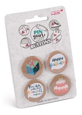 NICI Pin your Life 4er Set Buttons Motiv "Happy Birthday" Neuware