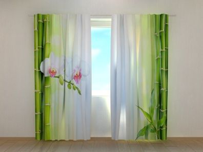 Fotogardine weiße Orchidee und Bambus, Vorhang mit Motiv, Fotodruck, Gardine auf Maß