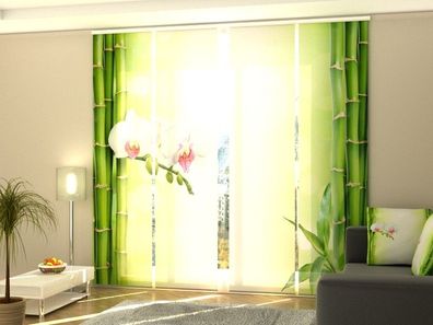 Foto-Schiebegardine weiße Orchidee und Bambus, Flächenvorhang mit Motiv, auf Maß